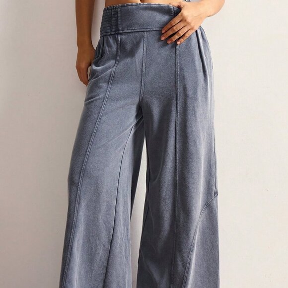 Grey Casual Women's Loose Wide Leg Washed Pants - Picture 6 of 7